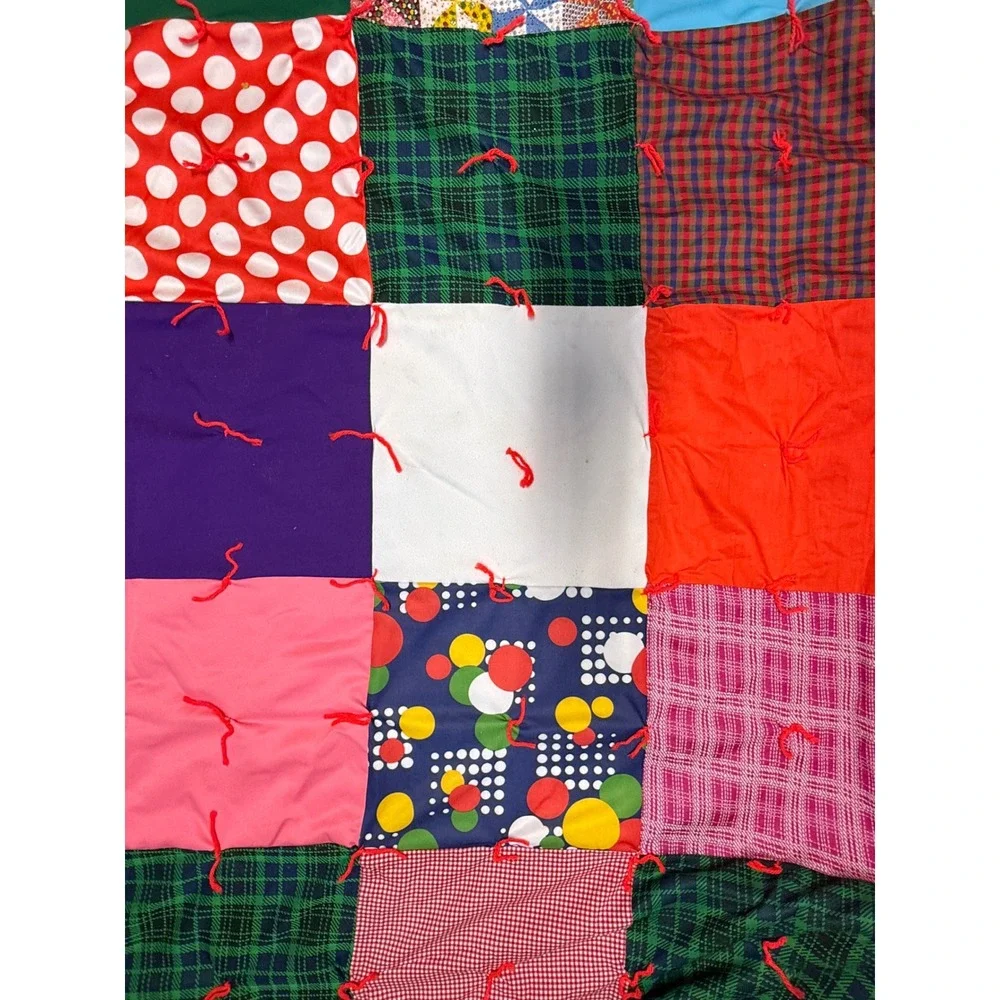 Vintage Handmade Patchwork Tie Quilt Eclectic Boho Mix Pattern Twin 70x84